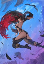 Rule 34 | 1girl, animal, ass, bare shoulders, belt, bird, black hair, blue eyes, boots, breasts, cleavage, cloud, crow, crow (gravity daze), cutesexyrobutts, detached sleeves, gravity daze, gravity daze 2, high heel boots, high heels, highres, long hair, midriff, multicolored hair, nail polish, neck, red hair, strapless, two-tone hair, wings, xii (gravity daze)