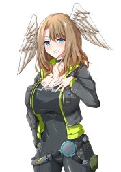 Rule 34 | 1girl, absurdres, belt, black bodysuit, black choker, black jacket, blue eyes, blue pupils, bodysuit, breast tattoo, breasts, choker, cleavage, eunie (xenoblade), feathered wings, feathers, green hoodie, head wings, highres, hood, hoodie, jacket, large breasts, latex, latex bodysuit, leather, leather jacket, light xion, long hair, long sleeves, looking at viewer, open clothes, open jacket, smile, solo, tattoo, white wings, wings, xenoblade chronicles (series), xenoblade chronicles 3