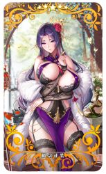 Rule 34 | 1girl, areola slip, arm under breasts, black thighhighs, blurry, blurry background, bonsai, breasts, detached sleeves, dress, fate/grand order, fate (series), flower, garter belt, hair flower, hair ornament, hairpin, highres, kettle, large breasts, long hair, minamoto no raikou (fate), parted bangs, petals, purple dress, purple eyes, purple hair, smile, solo, star (symbol), stole, tassel, thighhighs, thighs, thimble, trading card, tsuki no i-min, very long hair