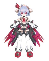Rule 34 | 1girl, absurdres, ahoge, ascot, blue hair, cheri zao, commentary, full body, grin, highres, joints, light blue hair, looking at viewer, mechanical wings, mechanization, red ascot, red eyes, remilia scarlet, robot girl, robot joints, short hair, simple background, smile, solo, straight-on, touhou, white background, wings