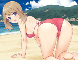 Rule 34 | 1girl, all fours, ass, beach, bikini, blue eyes, breasts, brown hair, creatures (company), from behind, game freak, may (pokemon), medium breasts, n.g., nintendo, ocean, open mouth, pokemon, pokemon rse, red bikini, smile, solo, swimsuit