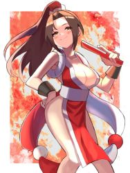 Rule 34 | 1girl, arm guards, armpit peek, blush, breasts, brown eyes, brown hair, cleavage, collarbone, eyebrows hidden by hair, eyes visible through hair, feet out of frame, fire, folded fan, folding fan, hand fan, hand on own hip, high ponytail, holding, holding fan, kazamillust, large breasts, looking at viewer, ninja, orange eyes, pelvic curtain, ponytail, revealing clothes, rope, sash, shiranui mai, sidelocks, smile, smug, solo, split mouth, the king of fighters, white background