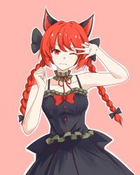 Rule 34 | 1girl, adapted costume, animal ears, arm up, bare arms, bare shoulders, black bow, bow, bowtie, braid, breasts, buttons, cat ears, cclbzxiaoming, choker, collarbone, commentary request, cowboy shot, dress, frilled choker, frills, grey dress, grin, hair bow, hair ribbon, hands up, highres, kaenbyou rin, light blush, long hair, medium breasts, one eye closed, outline, pink background, red bow, red bowtie, red eyes, red hair, ribbon, simple background, smile, solo, touhou, tress ribbon, twin braids, v over eye, very long hair, w, w over eye, white outline