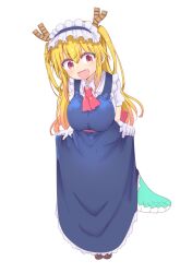 Rule 34 | 1girl, :d, alternate hairstyle, blonde hair, blue dress, blush, breasts, brown footwear, cool-kyou shinja, curtsey, dragon girl, dragon horns, dragon tail, dress, fang, full body, gloves, gradient hair, hair between eyes, happy, highres, horns, kobayashi-san chi no maidragon, large breasts, long hair, looking at viewer, maid, maid headdress, multicolored hair, neckerchief, open mouth, pink hair, red eyes, red neckerchief, shirt, short sleeves, simple background, slit pupils, smile, solo, standing, tail, tohru (maidragon), two side up, very long hair, white background, white gloves, white shirt