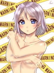Rule 34 | 10s, 1girl, absurdres, blue eyes, blurry, blurry background, blush, breasts, caution tape, covering privates, covering breasts, grey hair, highres, kaya (yoshina9), looking at viewer, love live!, love live! sunshine!!, medium breasts, nude, short hair, solo, standing, tape, upper body, watanabe you