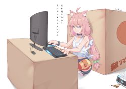 Rule 34 | 1girl, ahoge, animal ears, bare arms, black choker, box, cardboard box, cat ears, choker, from side, grin, highres, hinata channel, indian style, kamkac, keyboard (computer), long hair, low twintails, monitor, mouse (computer), nekomiya hinata, pink hair, purple eyes, shirt, simple background, sitting, smile, solo, striped clothes, striped thighhighs, thighhighs, tied shirt, translation request, twintails, twitter username, virtual youtuber, white background, white shirt, wristband