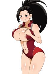 Rule 34 | 10s, 1girl, areola slip, black hair, blush, boku no hero academia, breasts, half-closed eyes, hand on own chest, highres, hip focus, large breasts, leotard, navel, open clothes, parted lips, ponytail, shiny skin, simple background, sleeveless, smile, solo, white background, yaoyorozu momo