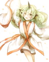 Rule 34 | 1girl, animal ears, bad id, bad twitter id, curly hair, green eyes, green hair, highres, horns, huang li ling, komano aunn, long hair, long sleeves, looking at viewer, open mouth, single horn, solo, touhou