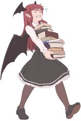 Rule 34 | 1girl, black footwear, black pantyhose, black wings, book, book stack, carrying, clenched teeth, demon wings, flat color, flying sweatdrops, frilled skirt, frills, full body, head wings, holding, holding book, koakuma, long hair, mefomefo, pantyhose, pointy ears, red hair, shirt, shoes, simple background, skirt, solo, teeth, touhou, vest, white background, wings