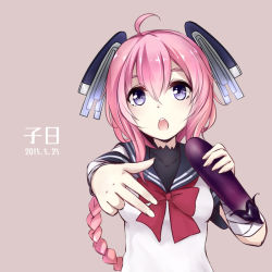Rule 34 | 10s, 1girl, ahoge, bow, bowtie, braid, character name, colis (regunm772), dated, dress, eggplant, headgear, kantai collection, nenohi (kancolle), open mouth, pink hair, purple eyes, sailor collar, sailor dress, simple background, single braid, solo, upper body, white dress