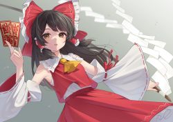 Rule 34 | 1girl, ascot, black hair, bow, brown eyes, commentary request, cowboy shot, frilled bow, frilled hair tubes, frilled shirt collar, frills, gohei, gradient background, grey background, hair bow, hair tubes, hakurei reimu, highres, holding, holding gohei, kanpa (campagne 9), long hair, looking at viewer, ofuda, open mouth, red bow, red skirt, red vest, ribbon-trimmed sleeves, ribbon trim, shide, skirt, solo, touhou, vest, white sleeves, wide sleeves, yellow ascot
