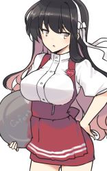 Rule 34 | 1girl, alternate costume, anna miller, apron, black hair, blouse, breasts, contrapposto, dress, hair down, hairband, hand on own hip, heart, kantai collection, large breasts, long hair, multicolored hair, naganami (kancolle), naganami kai ni (kancolle), nakadori (movgnsk), name tag, pink hair, red apron, red dress, shirt, simple background, solo, suspenders, tray, waitress, white background, white hairband, white shirt