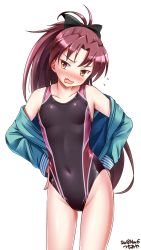 Rule 34 | 1girl, artist name, black one-piece swimsuit, black ribbon, blue jacket, blush, cameltoe, collarbone, competition swimsuit, covered navel, cowboy shot, dated, female focus, flat chest, hair between eyes, hands on own hips, highres, jacket, long hair, long sleeves, looking at viewer, mahou shoujo madoka magica, mahou shoujo madoka magica (anime), one-piece swimsuit, open mouth, ponytail, red hair, ribbon, sakura kyoko, simple background, solo, standing, swimsuit, swimsuit under clothes, tsuchimiya, white background, yellow eyes