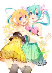Rule 34 | 2girls, absurdres, ahoge, aqua hair, bad id, bad pixiv id, bare shoulders, blonde hair, blue eyes, bow, colorful x melody (vocaloid), dress, flower, hair flower, hair ornament, hatsune miku, highres, kagamine rin, multiple girls, open mouth, project diva, project diva (series), project diva 2nd, short hair, temari (deae), thighhighs, twintails, vocaloid, yuri