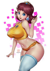 Rule 34 | 1girl, artist logo, artist name, bare shoulders, blue eyes, bokuman, breasts, brown hair, commentary, covered erect nipples, crop top, crown, curvy, dolphin shorts, earrings, english commentary, eyelashes, flipped hair, flower earrings, gradient background, jewelry, large breasts, lips, long hair, looking at viewer, makeup, mario (series), mario golf, mario tennis, micro shorts, midriff, mini crown, navel, nintendo, orange shorts, paid reward available, parted lips, pink lips, princess daisy, shirt, short shorts, shorts, skindentation, smile, solo, stomach, super mario land, taut clothes, taut shirt, tennis daisy, thick thighs, thighhighs, thighs, white thighhighs
