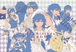 Rule 34 | 1boy, 4koma, aged down, armor, birthmark, blue eyes, blue hair, blush, cape, chibi, child, chrom (fire emblem), comic, dated, english text, falchion (fire emblem), fire emblem, fire emblem awakening, fire emblem heroes, gloves, happy birthday, male focus, multiple persona, multiple views, nintendo, shield, short hair, smile, staff, sword, tokyo mirage sessions fe, weapon