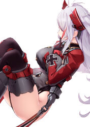 Rule 34 | 1girl, azumi akitake, azur lane, black thighhighs, breasts, commentary request, dress, finger to mouth, from side, garter straps, grey dress, hair ornament, hand up, headgear, highres, knees up, large breasts, long hair, multicolored hair, prinz eugen (azur lane), red hair, short dress, side slit, simple background, sitting, solo, streaked hair, thick thighs, thigh bands, thighhighs, thighs, two-tone hair, two side up, white background, white hair
