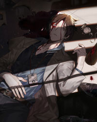 Rule 34 | 1boy, belt, blood, blood on face, blood on ground, blue shirt, brown belt, brown hair, commentary request, dated, grey jacket, highres, jacket, lying, male focus, on back, on ground, open clothes, open jacket, peach luo, shirt, shoes, short hair, solo, tiles, toraware no palm, watch