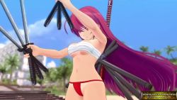 Rule 34 | 1girl, 3d, alternate hair color, alternate hairstyle, animated, bandages around chest, breasts, cleavage, game console, homura (senran kagura), long hair, video, multiple swords, navel, playstation 4, red eyes, red hair, senran kagura, senran kagura estival versus, sound, tagme, tan, tanline, thong