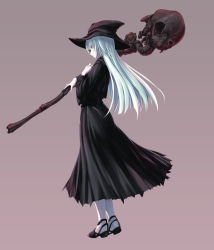 Rule 34 | 1girl, black dress, closed mouth, dress, from side, full body, hat, highres, holding, holding staff, long hair, original, pale skin, profile, red eyes, silver hair, smile, solo, staff, standing, tenmaso, witch, witch hat