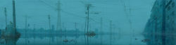 Rule 34 | blue theme, city, cloud, cloudy sky, flood, highres, ishida hiroyasu, junk, long image, monochrome, muted color, no humans, power lines, rain, rain town, reflection, scenery, sky, traffic light, utility pole, water, wide image