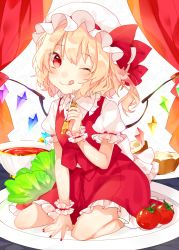 Rule 34 | 1girl, ;q, ascot, blonde hair, blush, breasts, cherry tomato, collared shirt, commentary request, crystal, cup, curtains, flandre scarlet, fork, frilled cuffs, frilled shirt collar, frilled skirt, frilled sleeves, frills, full body, hat, hat ribbon, highres, holding, holding fork, lettuce, long hair, looking at viewer, mini person, minigirl, mob cap, mokyuko, nail polish, one eye closed, one side up, plate, puffy short sleeves, puffy sleeves, red eyes, red ribbon, red skirt, red vest, ribbon, shirt, short hair, short sleeves, sitting, skirt, skirt set, small breasts, solo, tea, tomato, tongue, tongue out, touhou, vest, wariza, wavy hair, white hat, white shirt, wing collar, wings, wrist cuffs, yellow ascot