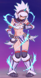 1girl capcom female_focus hairband highres horns kirin_(armor) midriff monster_hunter_(series) navel red_eyes single_horn solo tarayama thighhighs white_hair