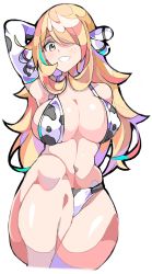 Rule 34 | absurdres, animal print, arm behind head, bikini, blonde hair, blush, breasts, cleavage, cow print, creatures (company), cynthia (pokemon), elbow gloves, enpe, game freak, gloves, grey eyes, hair over one eye, highres, knee up, large breasts, long hair, navel, nintendo, open mouth, pokemon, pokemon dppt, print bikini, print gloves, simple background, smile, swimsuit, thick thighs, thighs, white background