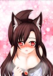 Rule 34 | 1girl, animal ears, bare shoulders, blush, breasts, brooch, brown hair, cleavage, cockeyed, dress, heavy breathing, highres, imaizumi kagerou, in heat, jewelry, large breasts, long hair, minaha (playjoe2005), red eyes, solo, tail, tears, touhou, traditional media, very long hair, wall-eyed, wolf ears, wolf tail