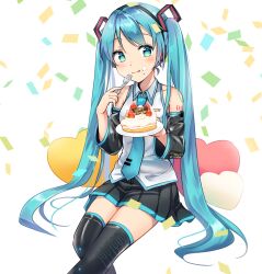 Rule 34 | 1girl, blue eyes, blue hair, blush, cake, cake slice, collared shirt, commentary, confetti, detached sleeves, eating, food, food on face, fork, fruit, hair ornament, hatsune miku, headphones, heart, highres, holding, holding fork, holding plate, iluka (ffv7), long hair, looking to the side, nail polish, necktie, plate, pleated skirt, shirt, sitting, skirt, sleeveless, sleeveless shirt, smile, solo, strawberry, thighhighs, twintails, very long hair, vocaloid