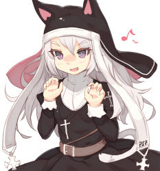 Rule 34 | &gt;:d, + +, 1girl, :d, animal ears, belt, belt buckle, black dress, blush, buckle, cat ears, cat tail, claw pose, cross, cross necklace, dress, fake animal ears, fang, girls&#039; frontline, habit, iron cross, jewelry, long hair, long sleeves, looking at viewer, musical note, necklace, nose blush, nun, open mouth, p7 (girls&#039; frontline), pendant, purple eyes, quaver, shone, silver hair, simple background, smile, solo, tail, tsurime, upper body, v-shaped eyebrows, white background
