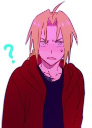 Rule 34 | 1boy, ?, black shirt, blonde hair, braid, coat, edward elric, frown, fullmetal alchemist, looking at viewer, male focus, open mouth, red coat, riru, shirt, simple background, solo, standing, sweatdrop, white background, yellow eyes
