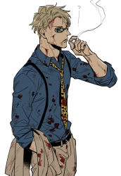 Rule 34 | 1boy, ?, animal print, belt, blonde hair, blood, blood on clothes, blood on face, blue shirt, cigarette, collared shirt, formal, goggles, grey suit, jujutsu kaisen, kijinkutsu, leopard print, long sleeves, male focus, nanami kento, necktie, pants, parted lips, shirt, short hair, sleeves rolled up, smoking, solo, suit, suspenders, yellow necktie