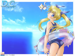 Rule 34 | 00s, 1girl, :3, :o, animal ears, arched back, ass, blonde hair, blush, border, cat, cat ears, chibi, cloud, da capo, da capo i, day, double vertical stripe, embarrassed, fish, flat chest, from behind, hair ribbon, innertube, long hair, looking at viewer, looking back, mouth hold, one-piece swimsuit, open mouth, outdoors, ribbon, sakuraniku umatarou, school swimsuit, see-through, sky, solo, standing, striped, surprised, swim ring, swimsuit, tail, twintails, yoshino sakura