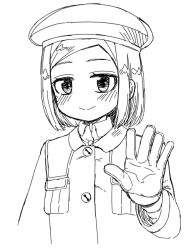 Rule 34 | 1girl, beret, blush, closed mouth, collared jacket, collared shirt, etori, fate/grand order, fate (series), forehead, gloves, greyscale, hand up, hat, jacket, long sleeves, looking at viewer, monochrome, parted bangs, paul bunyan (fate), shirt, short hair, simple background, smile, solo, white background