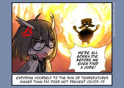Rule 34 | 2girls, absurdres, acrylicstroke, anger vein, angry, arknights, brown hair, commentary, coronavirus pandemic, english commentary, english text, feather hair, glasses, highres, ifrit (arknights), multiple girls, outdoors, owl ears, short hair, silence (arknights), silhouette, sunlight