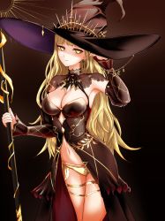 Rule 34 | 1girl, absurdres, blonde hair, breasts, brown background, cleavage, closed mouth, commentary, detached sleeves, dress, earrings, halter dress, halterneck, hand up, hat, highres, holding, holding staff, jewelry, kushinaka, large hat, long dress, long hair, looking at viewer, medium breasts, navel, nijisanji, panties, solo, staff, standing, symbol-only commentary, takamiya rion, takamiya rion (4th costume), underwear, virtual youtuber, witch hat, yellow eyes, yellow panties