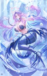 1girl absurdres azur_lane bare_shoulders blush breasts bubble floating_hair full_body ganj-i-sawai_(azur_lane) ganj-i-sawai_(mermaid_in_distress)_(azur_lane) halo highres large_breasts long_hair looking_at_viewer mermaid monster_girl navel official_alternate_costume parted_lips pink_halo purple_eyes purple_hair solo tansuan_(ensj3875) underwater water