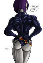 Rule 34 | 1girl, ass, back, belt, bob cut, breasts, colored skin, dc comics, english text, grey skin, huge ass, large breasts, leotard, muscular, muscular female, purple hair, raven (dc), ritualist, thick thighs, thighs, white background