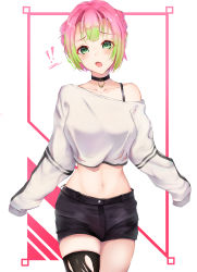 Rule 34 | 1girl, 4min, absurdres, alternate costume, alternate hair length, alternate hairstyle, black choker, black shorts, blush, braid, breasts, casual, choker, collarbone, commentary request, contemporary, gradient hair, green eyes, green hair, hair between eyes, highres, kanroji mitsuri, kimetsu no yaiba, looking at viewer, mole, mole under eye, multicolored hair, navel, pink hair, short hair, shorts, sleeves past fingers, sleeves past wrists, solo, thighhighs, torn clothes, torn thighhighs, white background