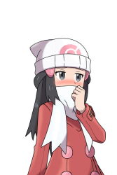 Rule 34 | 1girl, asatsuki (fgfff), beanie, black hair, buttons, coat, commentary request, creatures (company), dawn (pokemon), embarrassed, eyelashes, game freak, grey eyes, hair ornament, hairclip, hand up, hat, long hair, long sleeves, looking away, nintendo, pokemon, pokemon dppt, pokemon platinum, red coat, scarf, scarf over mouth, sidelocks, simple background, solo, upper body, white background, white hat, white scarf