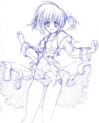 Rule 34 | 00s, 1girl, blush, bow, bow panties, dress, graphite (medium), hair ribbon, luna lia, lyrical nanoha, mahou shoujo lyrical nanoha, monochrome, panties, purple theme, ribbon, short hair, short twintails, sketch, solo, standing, striped clothes, striped panties, takamachi nanoha, takamachi nanoha (sacred mode), traditional media, twintails, underwear, wind, wind lift
