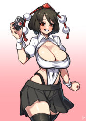 Rule 34 | 1girl, absurdres, adapted costume, black hair, black skirt, black thighhighs, breasts, camera, cleavage, collared shirt, hat, highres, large breasts, leotard, nikuatsu magician shinbo, pom pom (clothes), red eyes, shameimaru aya, shirt, short hair, skirt, solo, thighhighs, tokin hat, touhou, white shirt