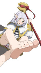 Rule 34 | 1girl, barefoot, blush, feet, frieren, green eyes, grey hair, highres, karasimaki2017, long hair, looking at viewer, open mouth, panties, pantyshot, pointy ears, soles, sousou no frieren, staff, striped clothes, striped panties, sweat, toes, twintails, underwear