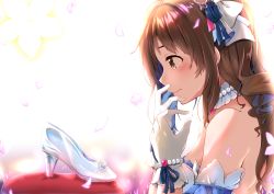 Rule 34 | 1girl, absurdres, bare shoulders, blush, bow, brown eyes, brown hair, cherry blossoms, collarbone, crying, crying with eyes open, glass slipper, gloves, hair bow, hair ornament, high heels, highres, idolmaster, idolmaster cinderella girls, idolmaster cinderella girls starlight stage, shimamura uzuki, solo, tearing up, tears, white gloves, yusuka yuu