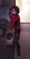 Rule 34 | 1girl, absurdres, beeeeen, black hair, black necktie, black pantyhose, boots, boxers, breath, cleft of venus, colored inner hair, commentary, crotch cutout, crotch rub, female masturbation, female pubic hair, from above, hat, highres, last origin, laundry, male underwear, masturbation, merlin (last origin), military hat, multicolored hair, necktie, pantyhose, peaked cap, pubic hair, pussy, red hair, red shirt, rolling eyes, shirt, short hair, shower (place), smelling, smelling clothes, solo, steaming body, table humping, tiptoes, underwear, unworn headwear, waistcoat