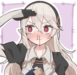 Rule 34 | 1girl, absurdres, aroused nosebleed, black hairband, corrin (female) (fire emblem), corrin (fire emblem), fire emblem, fire emblem fates, hair between eyes, hairband, highres, jacomodayo, long hair, looking at viewer, looking to the side, nintendo, red eyes, solo, white hair