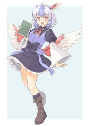 Rule 34 | 1girl, ahoge, arnest, bird wings, black ribbon, black skirt, black socks, blue hair, blue horns, blue ribbon, blush, book, boots, border, brown footwear, commission, feathered wings, frilled skirt, frills, grey hair, head wings, highres, holding, holding book, horns, long sleeves, multicolored hair, open mouth, red eyes, red ribbon, red wings, ribbon, short hair, single head wing, skeb commission, skirt, smile, socks, solo, tokiko (touhou), touhou, two-tone hair, white border, white wings, wide sleeves, wings