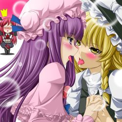 Rule 34 | 3girls, after kiss, blonde hair, blush, book, bow, caught, chibi, couple, female focus, hair bow, holding hands, hat, highres, interlocked fingers, kirisame marisa, kiss, koakuma, long hair, multiple girls, o o, open mouth, patchouli knowledge, purple eyes, purple hair, saliva, saliva trail, ^^^, embodiment of scarlet devil, tongue, toron (mino106), touhou, walk-in, witch, witch hat, yuri