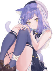 Rule 34 | 1girl, animal ears, bandaged ankle, bare shoulders, black bow, black bowtie, black footwear, black ribbon, black socks, bow, bowtie, cat ears, cat girl, cat tail, colored inner hair, commentary request, crescent, crescent brooch, dot nose, dress, earrings, frilled skirt, frilled sleeves, frills, hat, highres, hugging own legs, jewelry, kneehighs, knees to chest, knees up, light blush, loafers, long sleeves, looking at viewer, medium hair, moon, multicolored hair, pink nails, purple hair, purple hat, ribbon, shinomiya runa, shoes, short dress, simple background, sitting, skirt, sleeves past wrists, socks, solo, star (symbol), star earrings, star ornament, tail, thigh strap, thighhighs, two-tone hair, virtual youtuber, vspo!, white background, yellow eyes, ziuuun